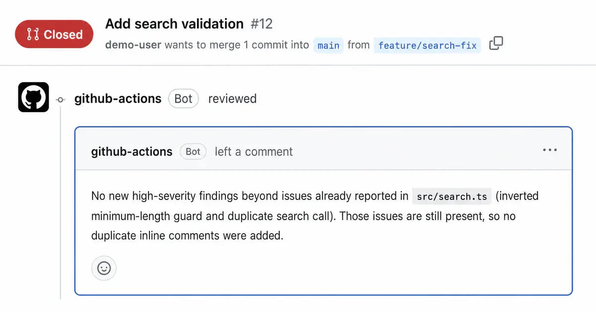 An anonymized subsequent Cursor review reporting no new findings and adding no duplicate inline comments