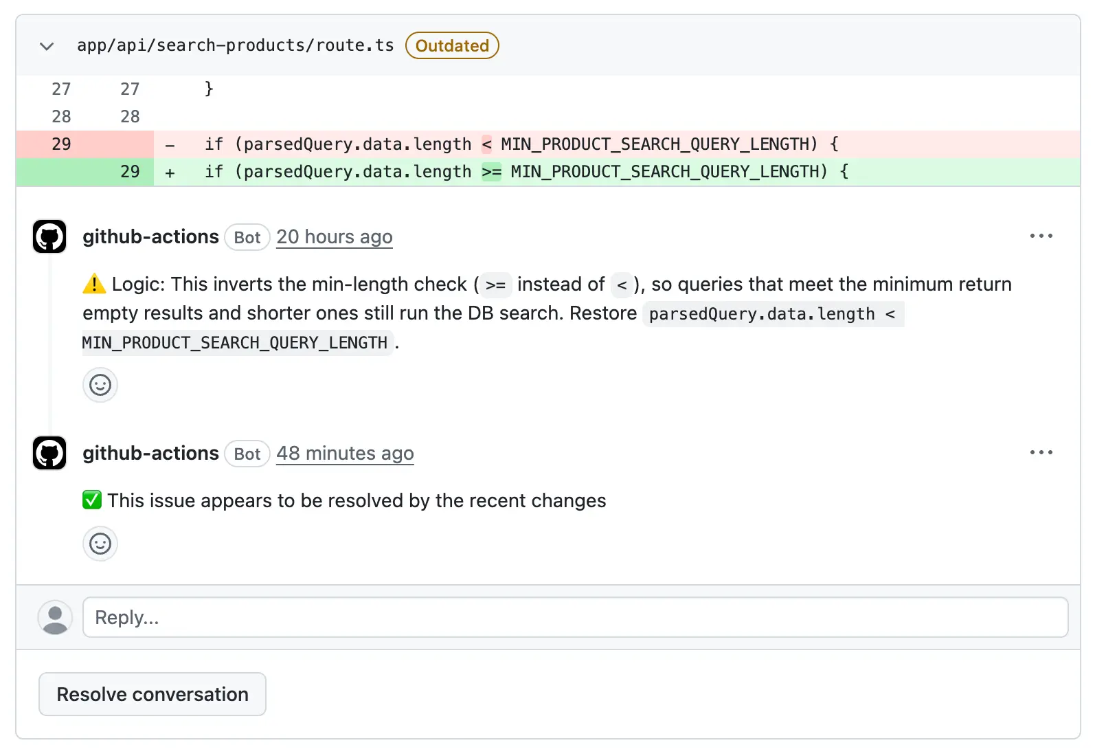 A GitHub pull request thread showing the original AI review finding and a later reply confirming that the issue appears resolved
