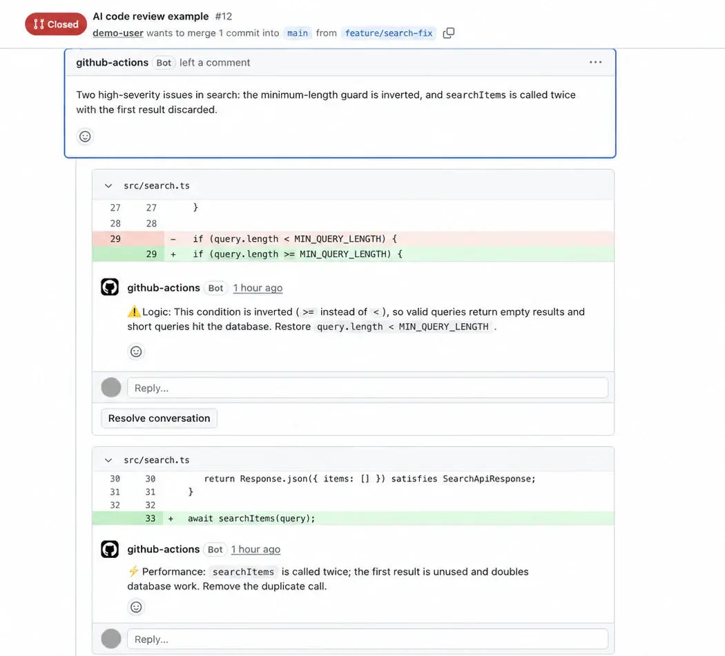 An anonymized GitHub pull request showing a Cursor-powered review summary and two inline findings