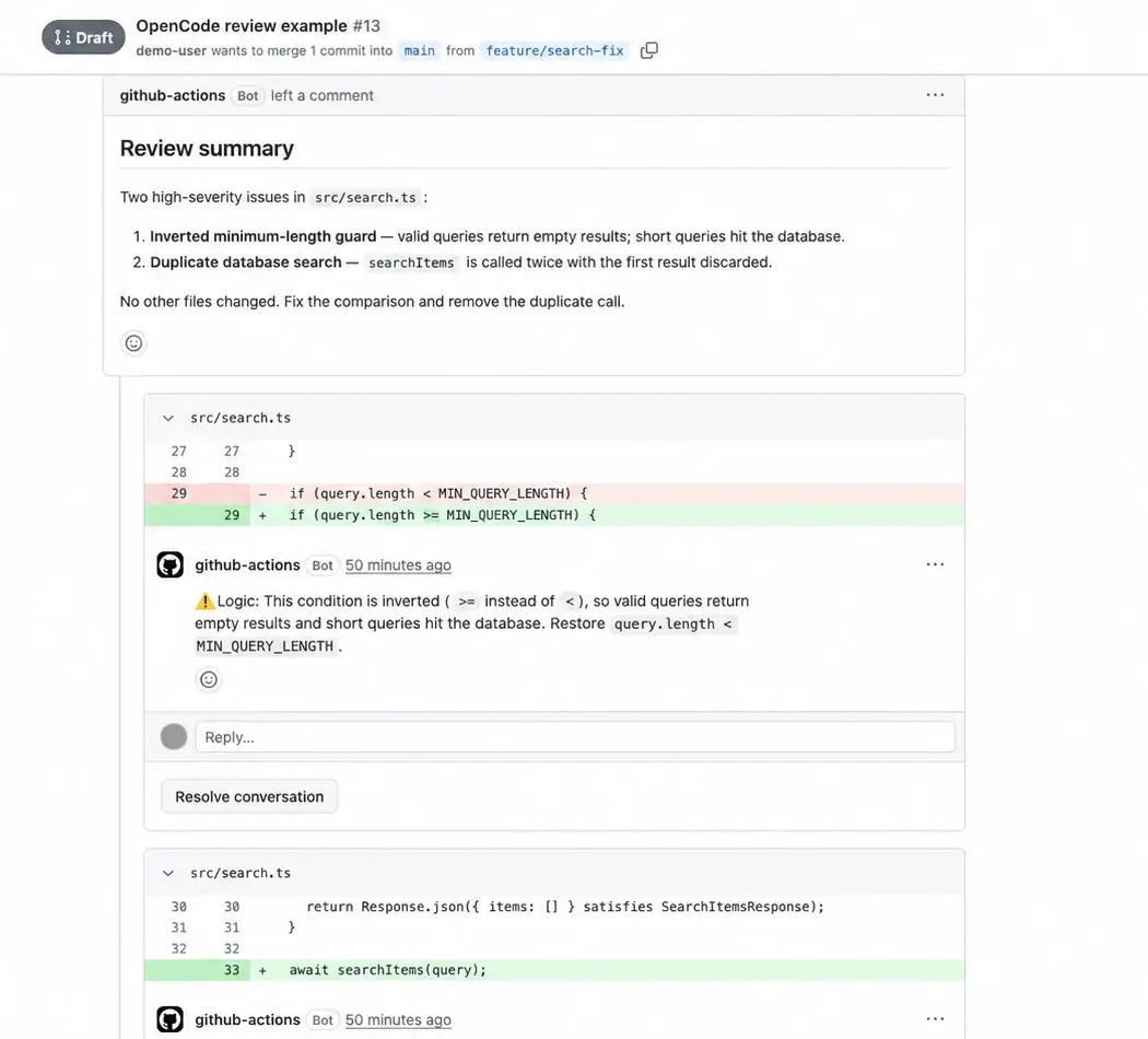 An anonymized GitHub pull request showing an OpenCode review summary and inline findings
