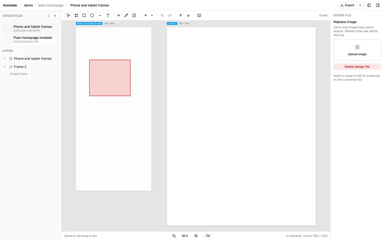 Blank Phone and Tablet artboards side by side in the Figma clone, with a rectangle drawn on the Phone frame