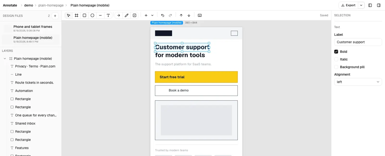 A close view of the Figma clone with drawing tools above the canvas, Layers on the left, and selected text controls on the right