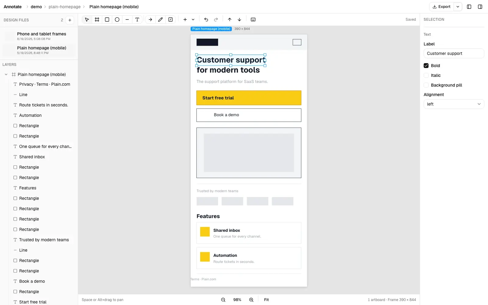 A Figma-like editor showing a mobile homepage design, its layers, drawing toolbar, and properties for a selected text element