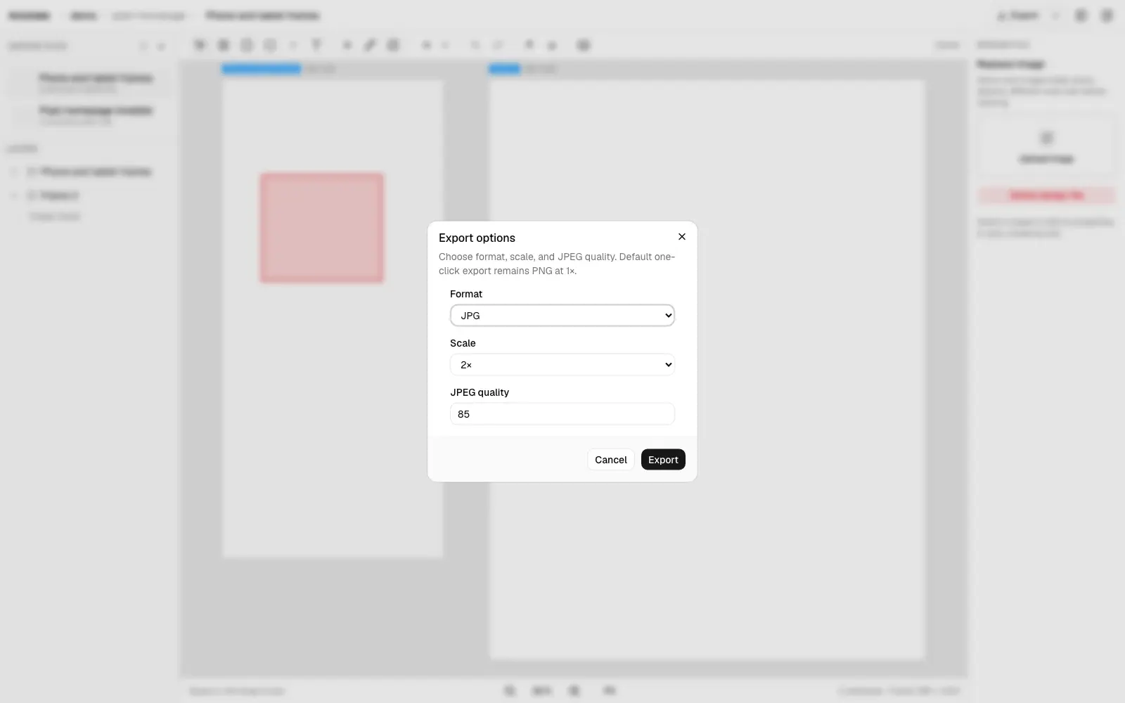 The Figma clone's export dialog with JPEG format, 2x scale, and quality controls selected
