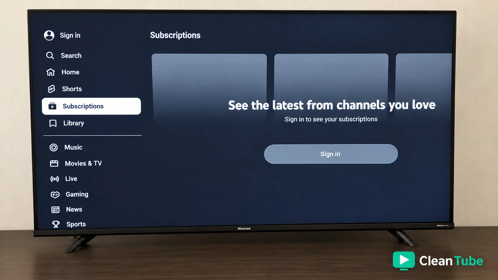 CleanTube running on a Hisense TV with the YouTube interface and CleanTube branding