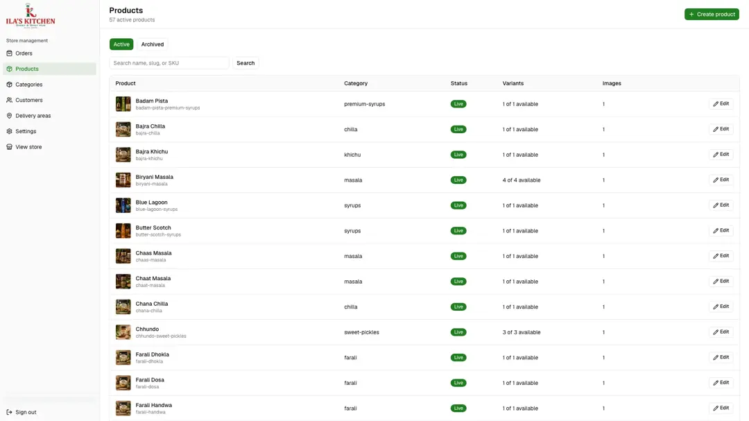 Ila's Kitchen admin dashboard for managing the product catalog