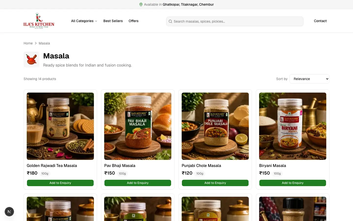 Ila's Kitchen masala category page showing spice products and prices