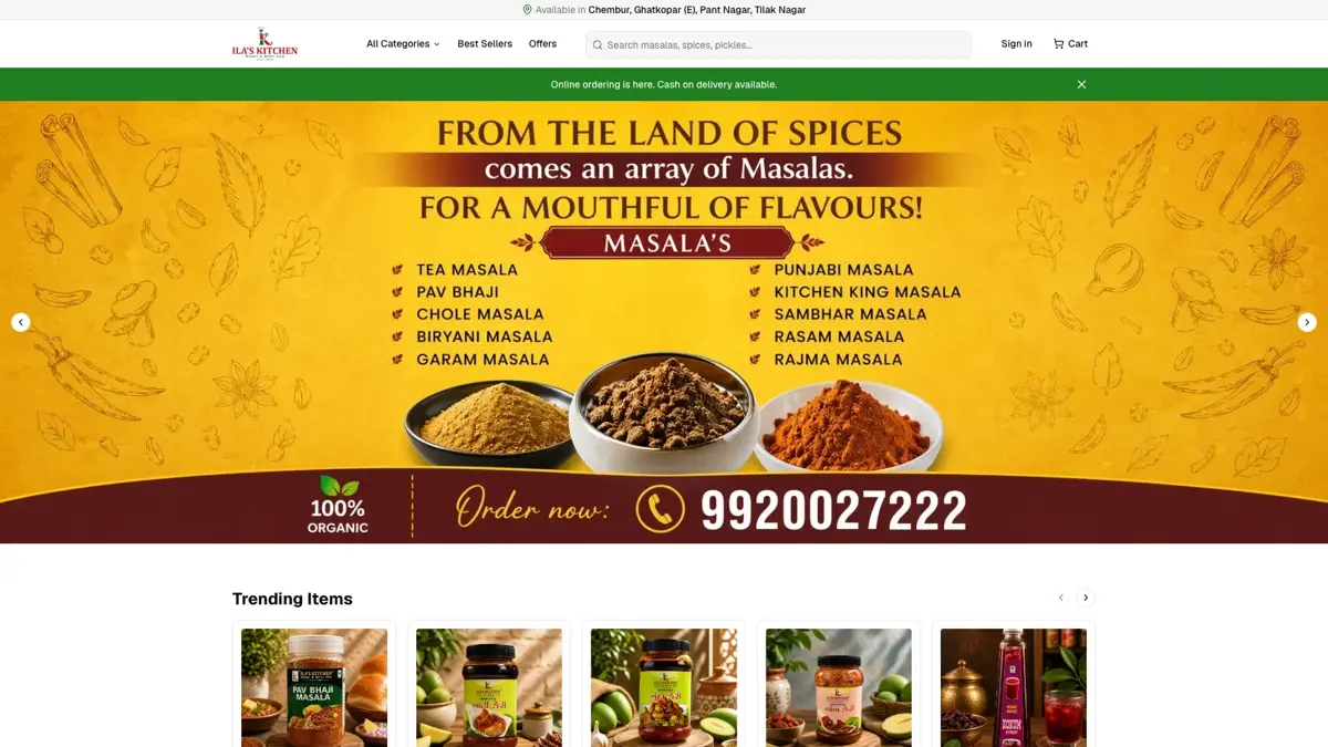 Ila's Kitchen ecommerce homepage with featured products and online ordering