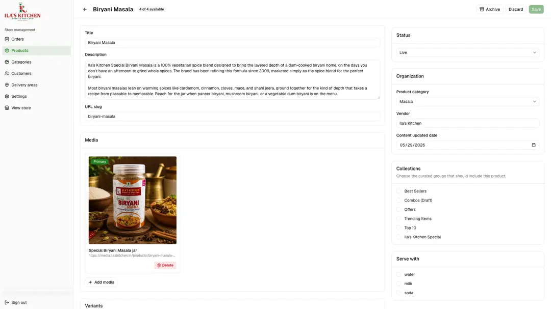 Ila's Kitchen admin product editor with product details, images, and category settings