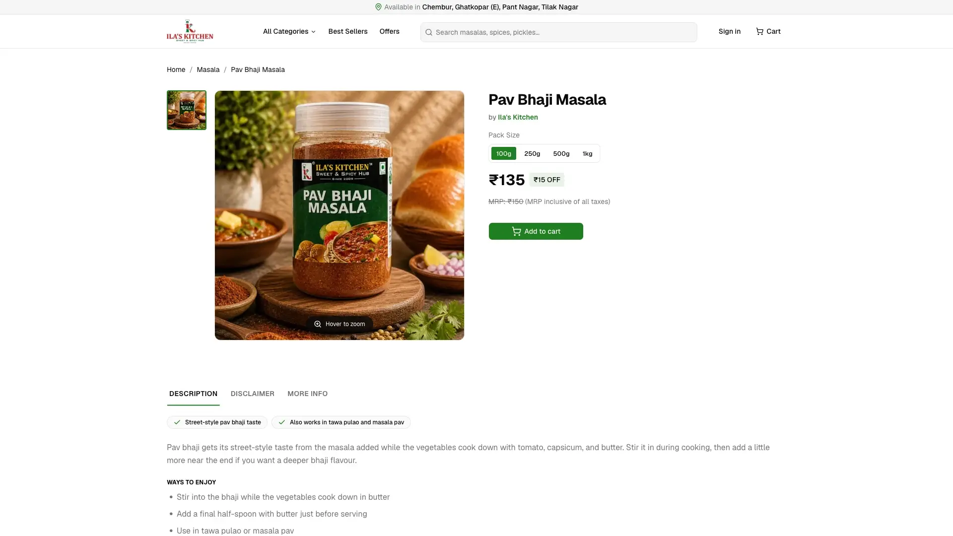 Pav Bhaji Masala product page with pack sizes, pricing, and Add to cart