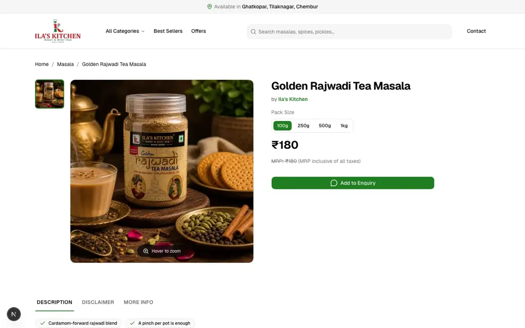 Golden Rajwadi Tea Masala product page with pack sizes and pricing