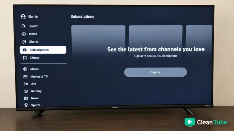 CleanTube running on a Hisense TV with the YouTube interface and CleanTube branding